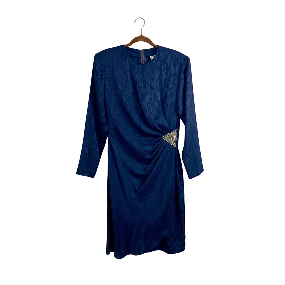 Vintage‎ Argenti Pure 80s Beaded Ruched Faux Wrap Dress Blue Tigress Zebra Sz 10